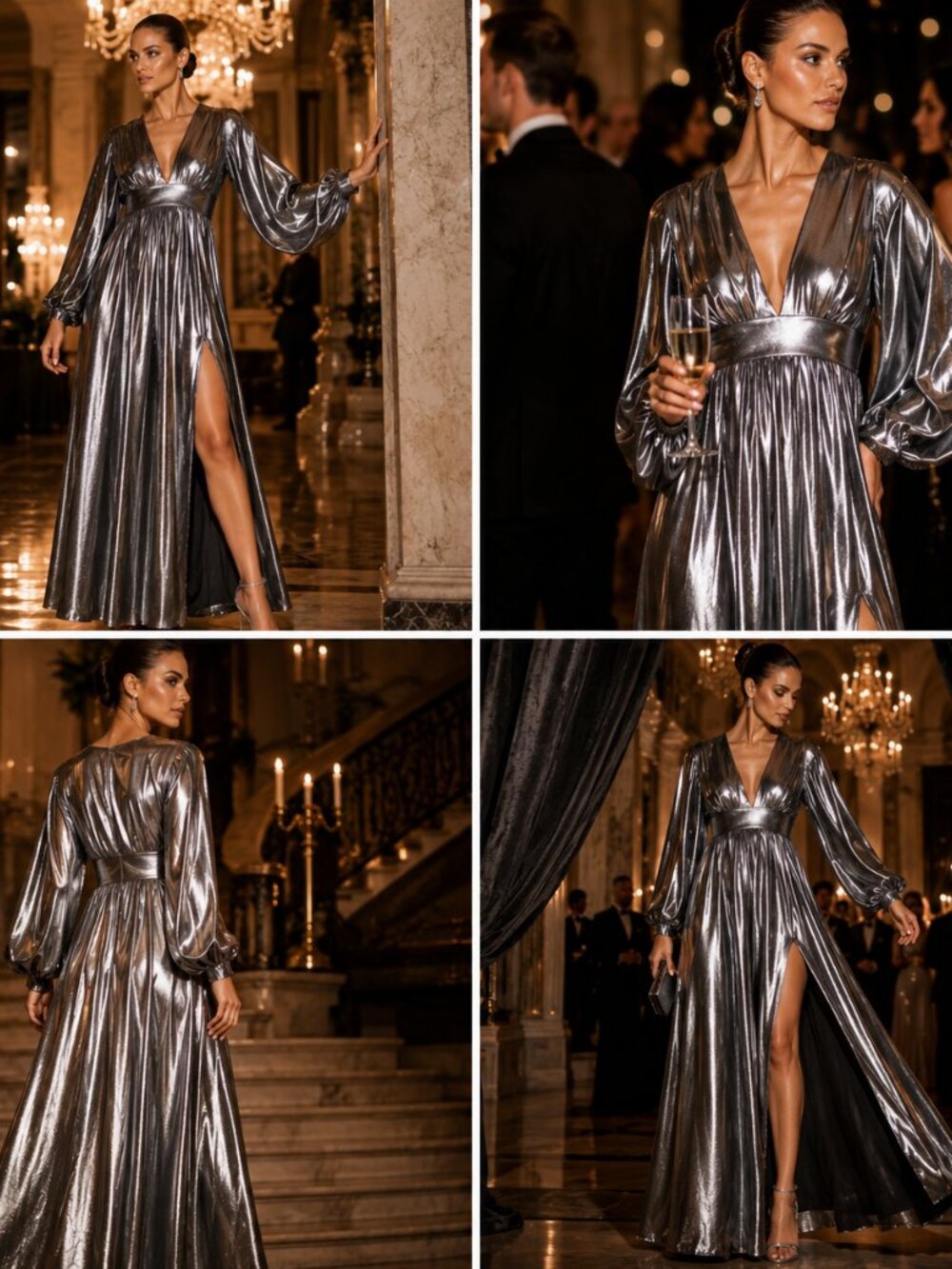 Gianni Bini Metallic Silver Plunging V-Neck Long Sleeve Dress